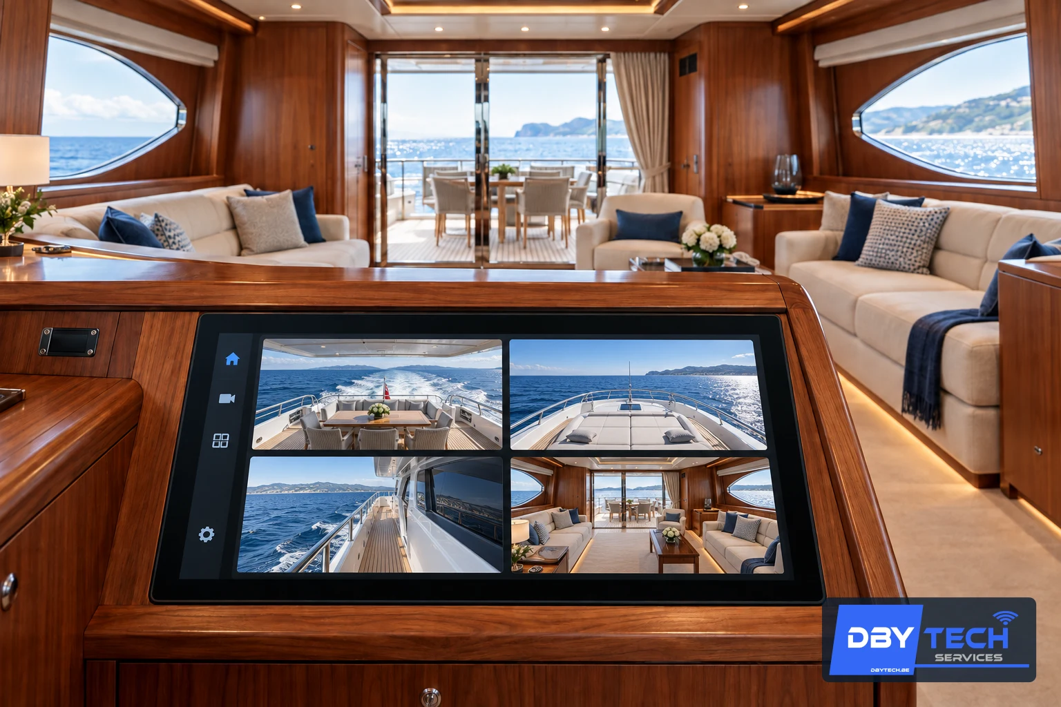 Écran tactile présentant quatre vues de caméras à bord d’un yacht