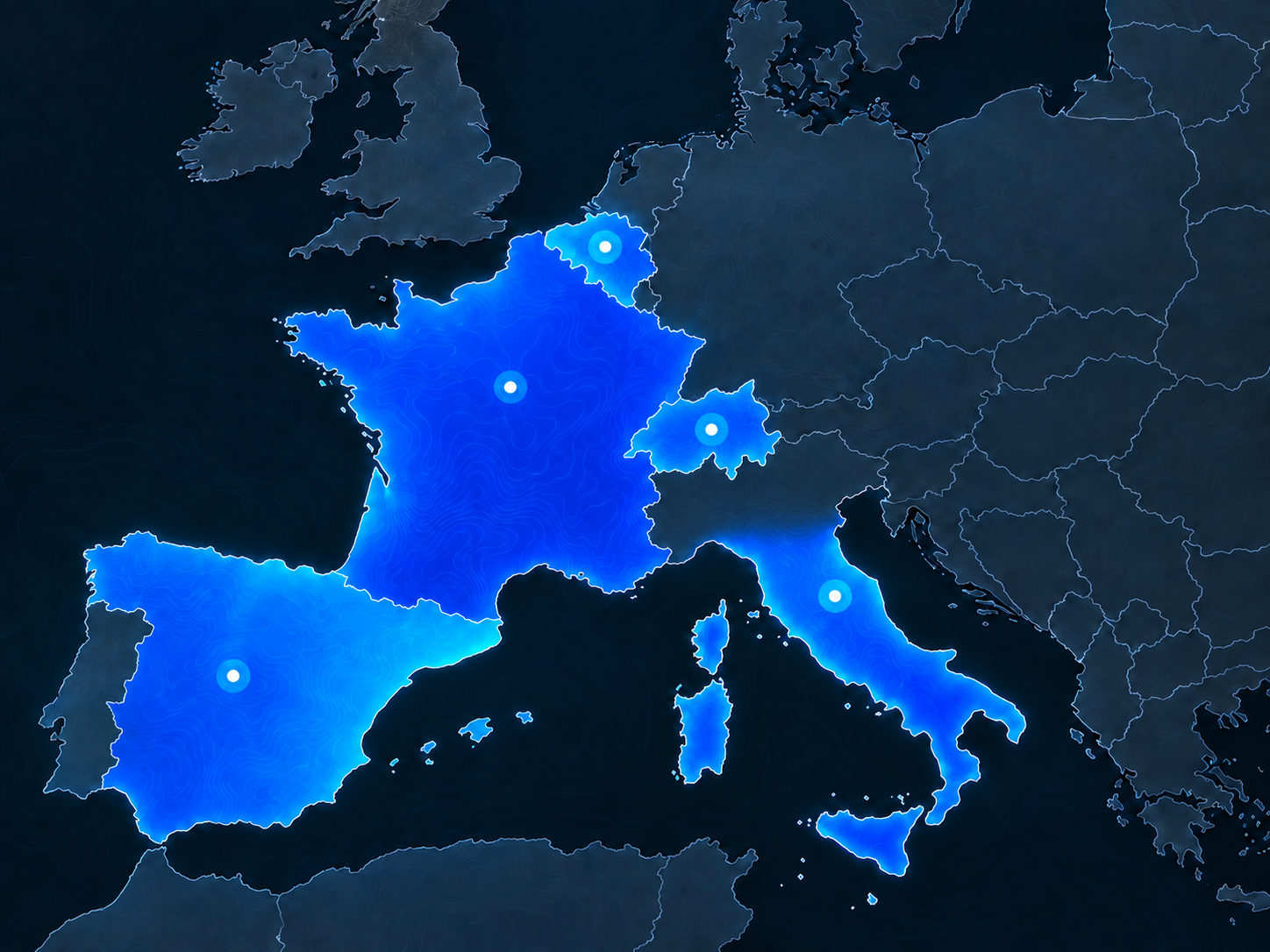 Carte originale mettant en avant la Belgique, la France, la Suisse, l’Italie et l’Espagne