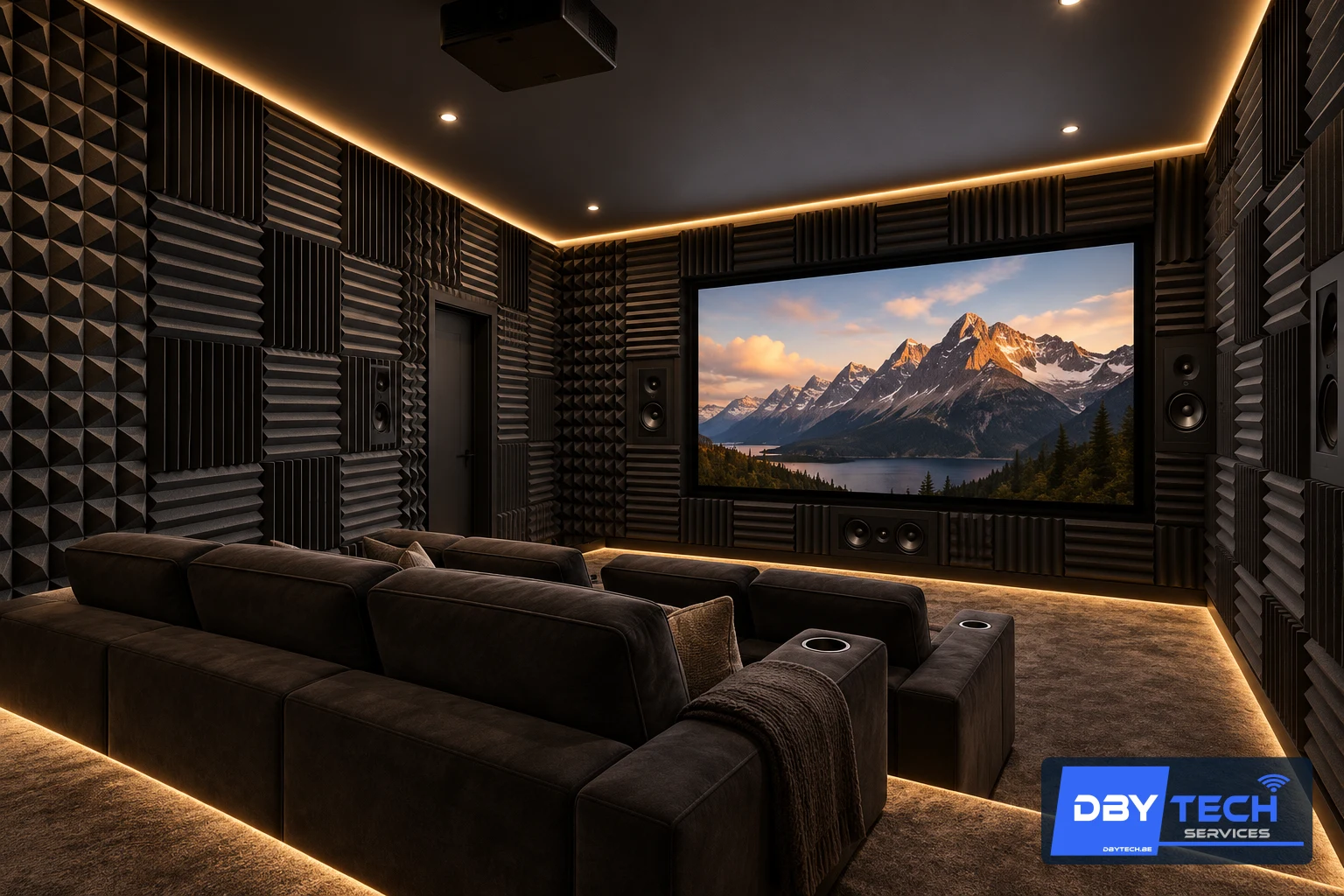 Exemple de salle de cinéma privée avec panneaux acoustiques sur les murs