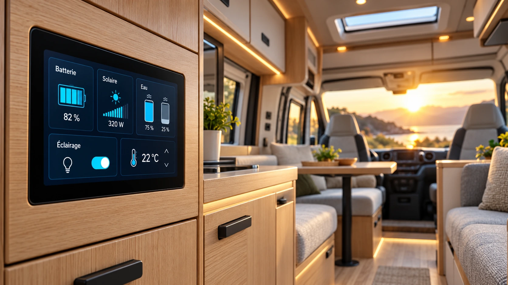 Illustration d’un écran de contrôle intégré dans un camping-car : batterie, solaire, eau et éclairage