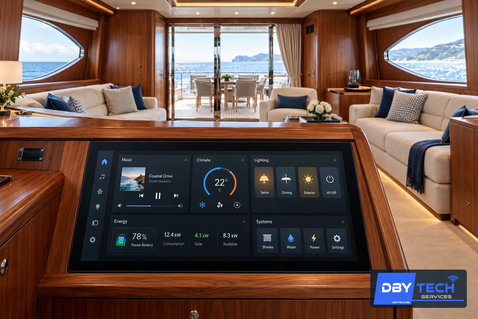 Exemple d’un écran tactile intégré dans le salon d’un yacht