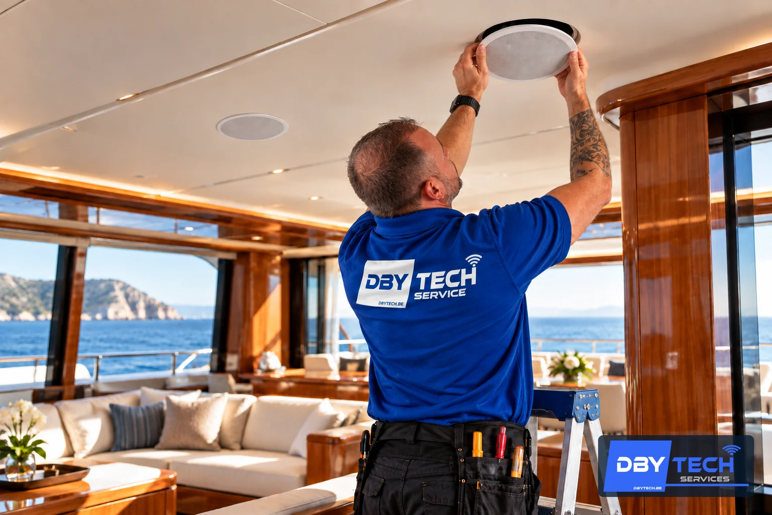 Illustration de la pose d’un haut-parleur de plafond dans le salon d’un yacht